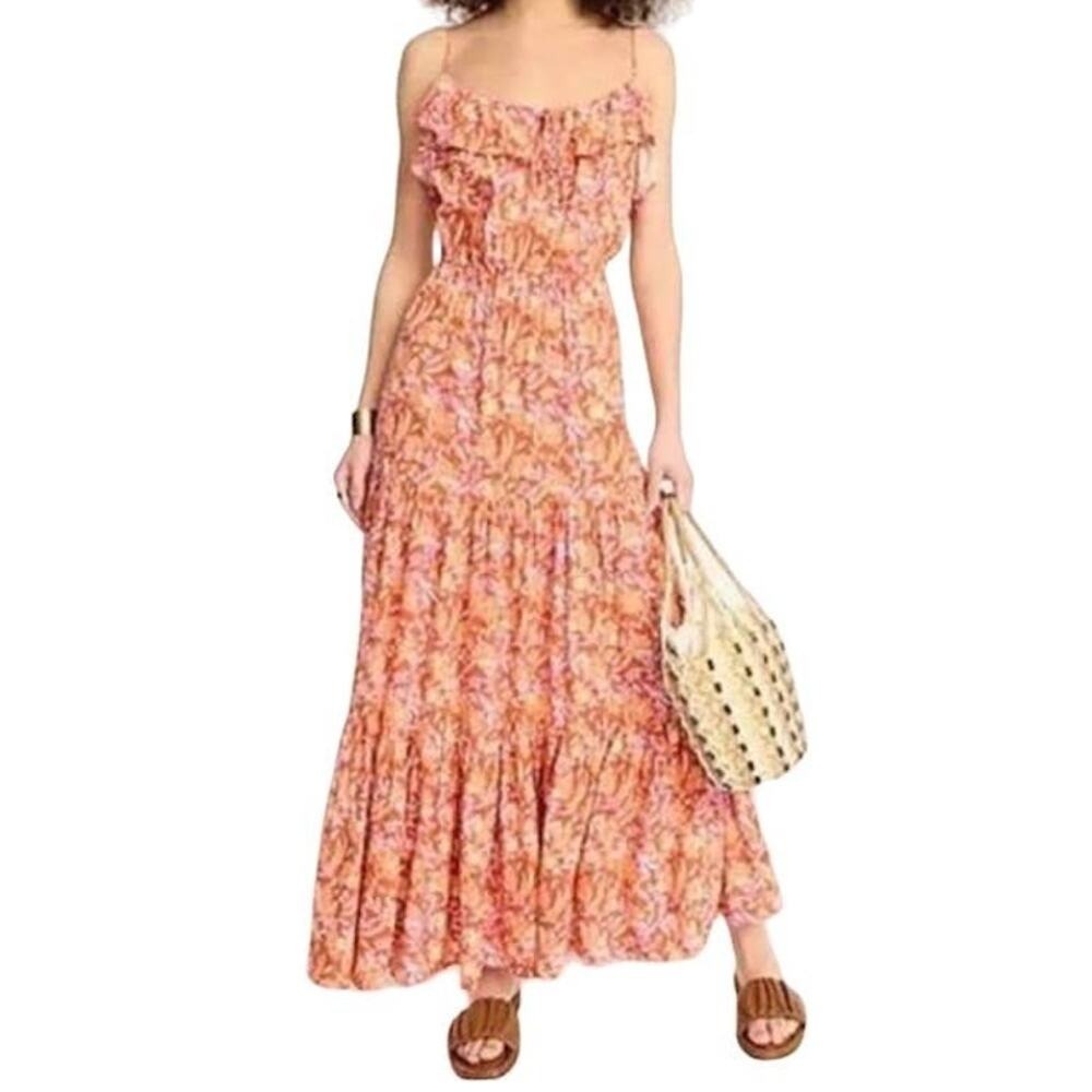 J. Crew Women's Painted Block Print Orange Tiered Maxi Dress Size XL